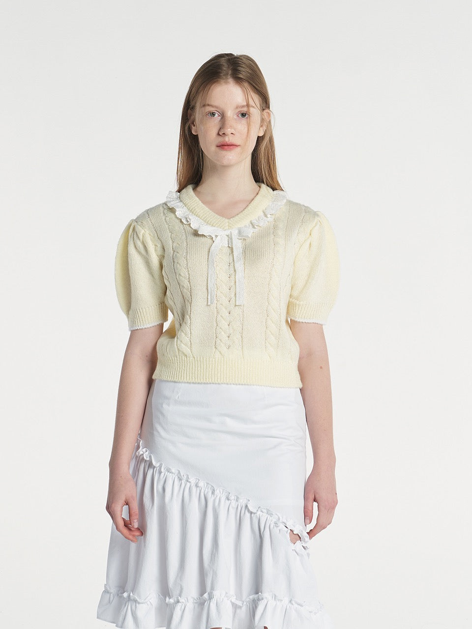 Margarin Fingers - V Neck Frill Crop Knit (Cream) product image 1 | TRAB K-Fashion Australia