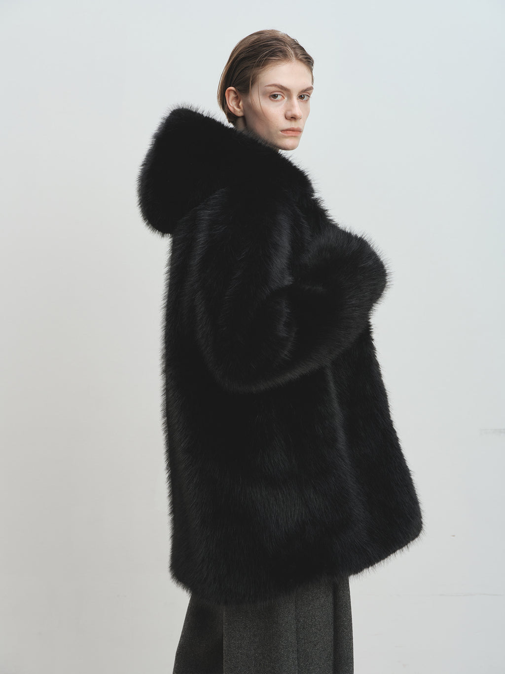 Tonywack - Faux Fur Hooded Half Coat (Black) product image 3 | TRAB K-Fashion Australia