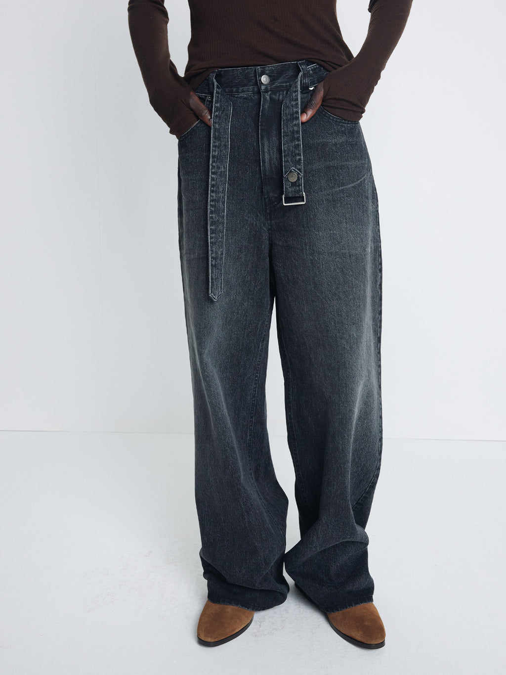 Tonywack - Wide-Leg Belted Denim Jeans (Faded Black) product image 5 | TRAB K-Fashion Australia