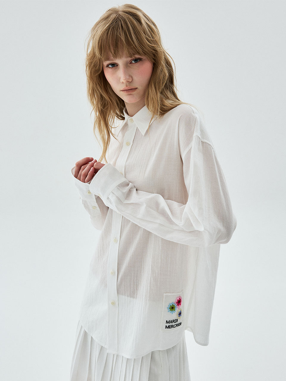 Mardi Mercredi - Sheer Cotton Shirt Flower Patch (White) product image 1 | TRAB K-Fashion Australia