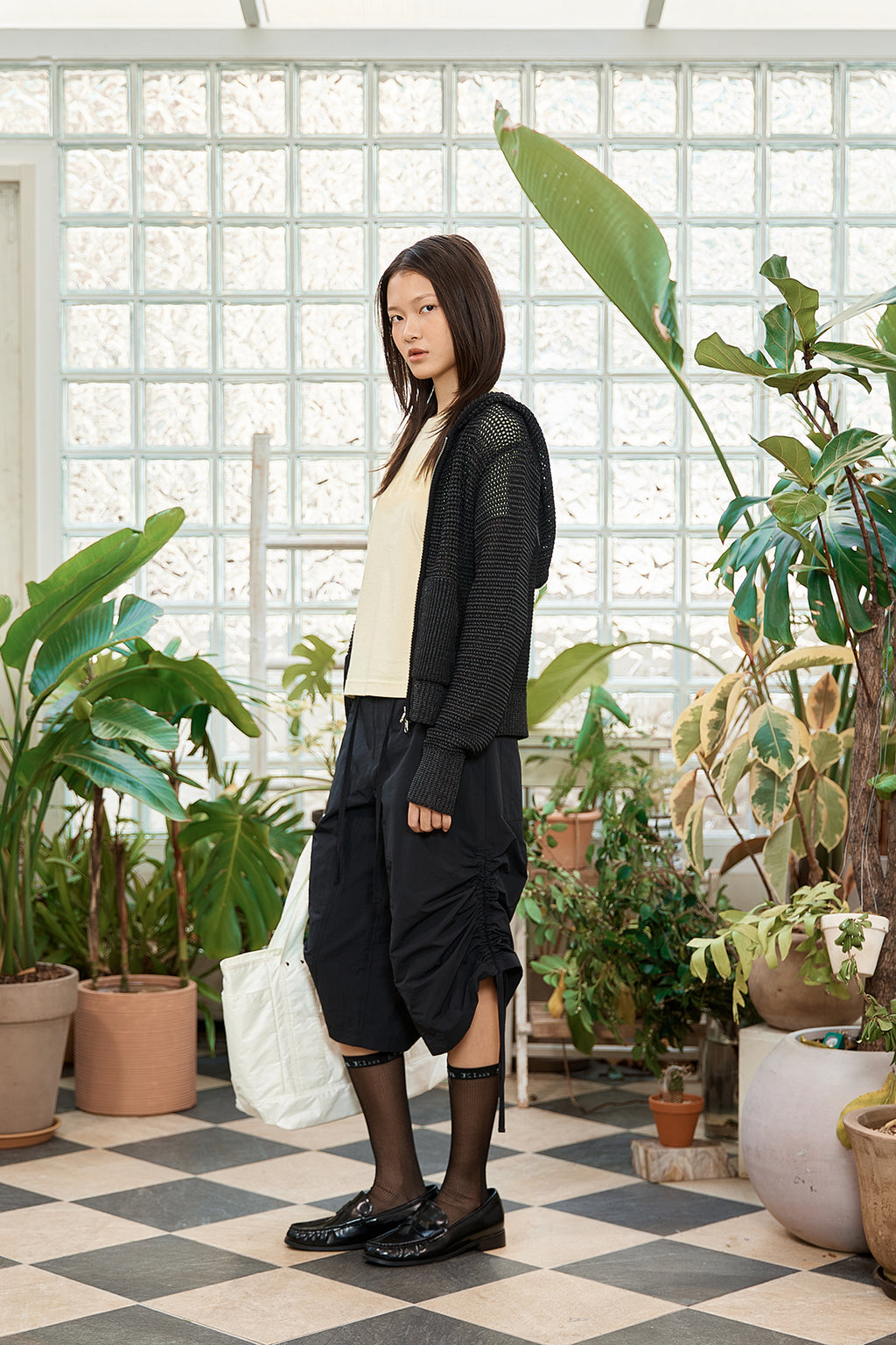 Matin Kim - Two Tone Mesh Knit Hoody Zip Up (Black) product image 7 | TRAB K-Fashion Australia