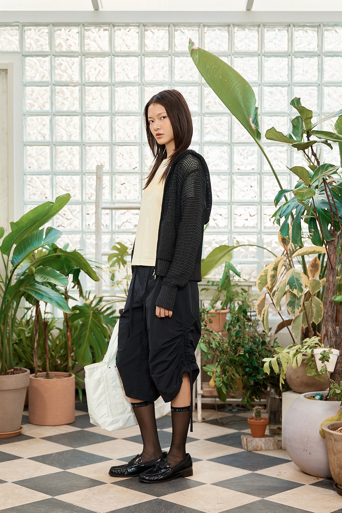 Matin Kim - Two Tone Mesh Knit Hoody Zip Up (Black) product image 7 | TRAB K-Fashion Australia