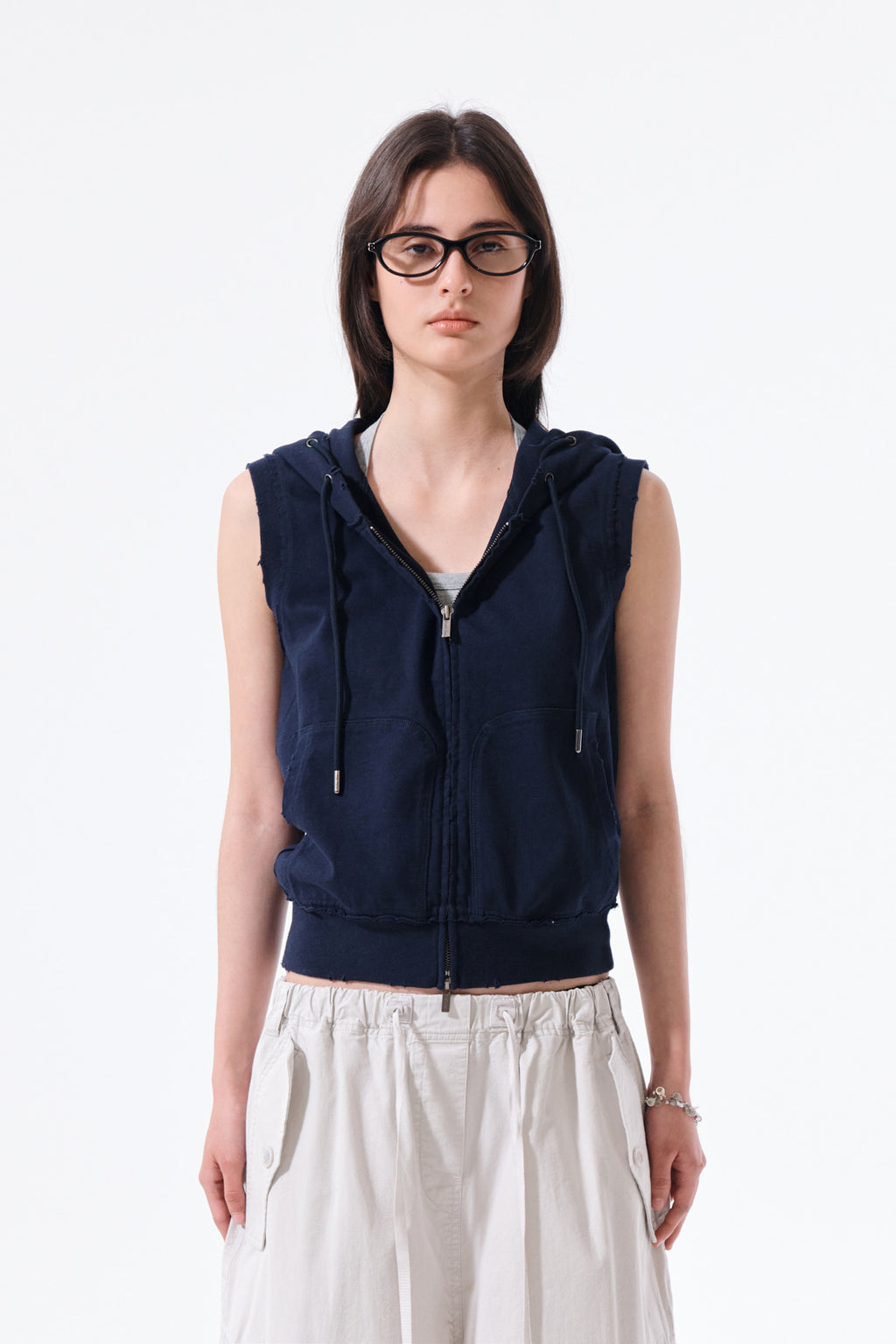Matin Kim - Back Logo Jersey Hood Vest (Navy) product image 13 | TRAB K-Fashion Australia