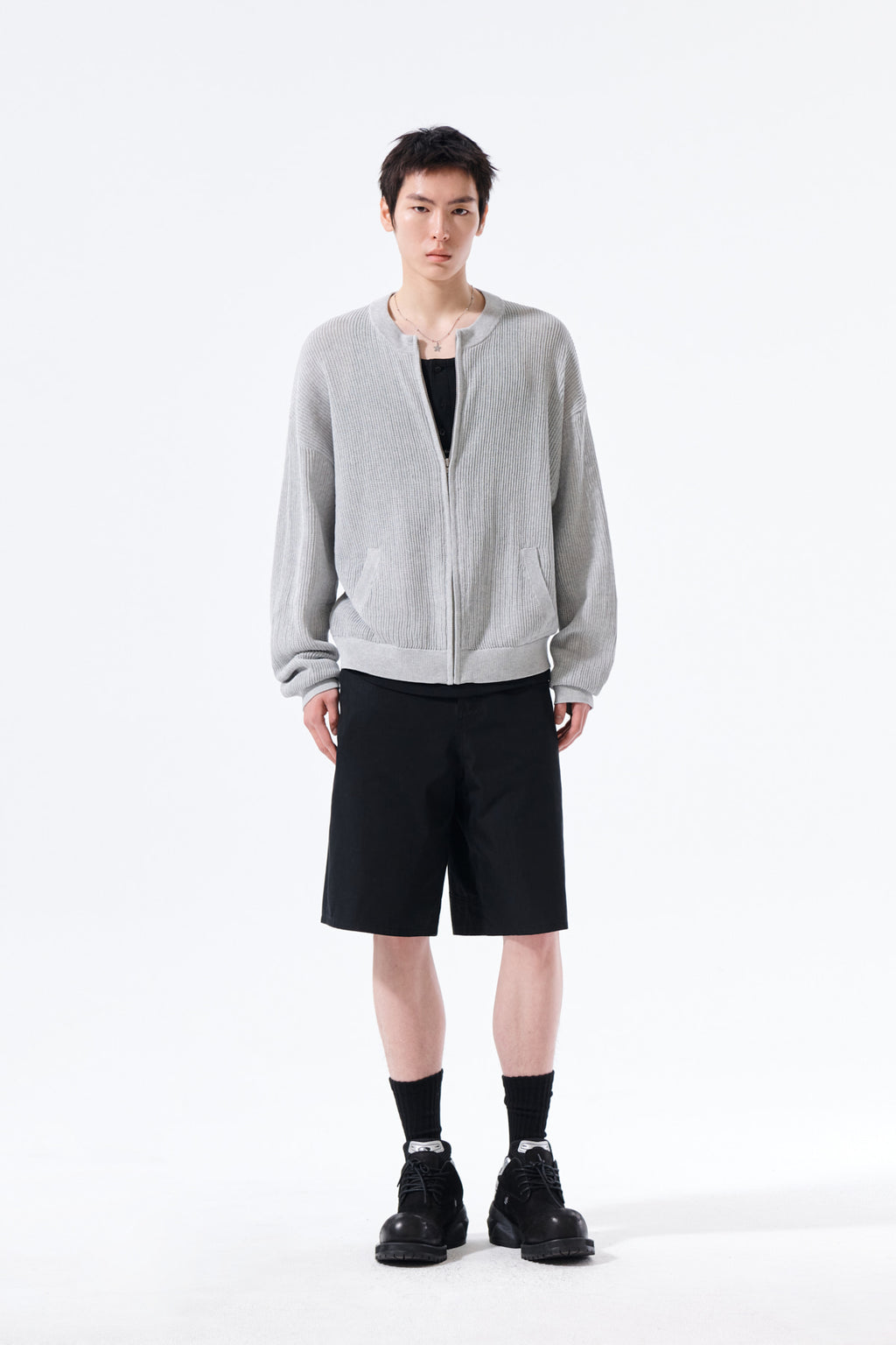 Matin Kim - Back Logo Jacquard Mesh Knit Zip Up (Light Grey) product image 15 | TRAB K-Fashion Australia