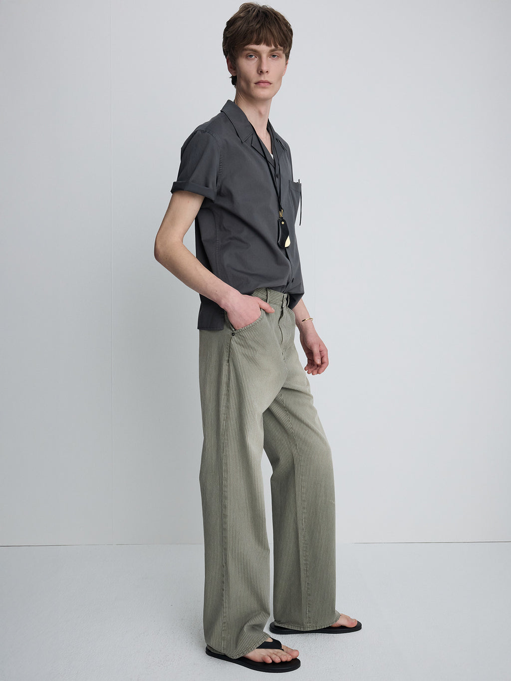 Tonywack - Garment Dyed Stripe Cotton Flare Pants (Stone Grey) product image 1 | TRAB K-Fashion Australia