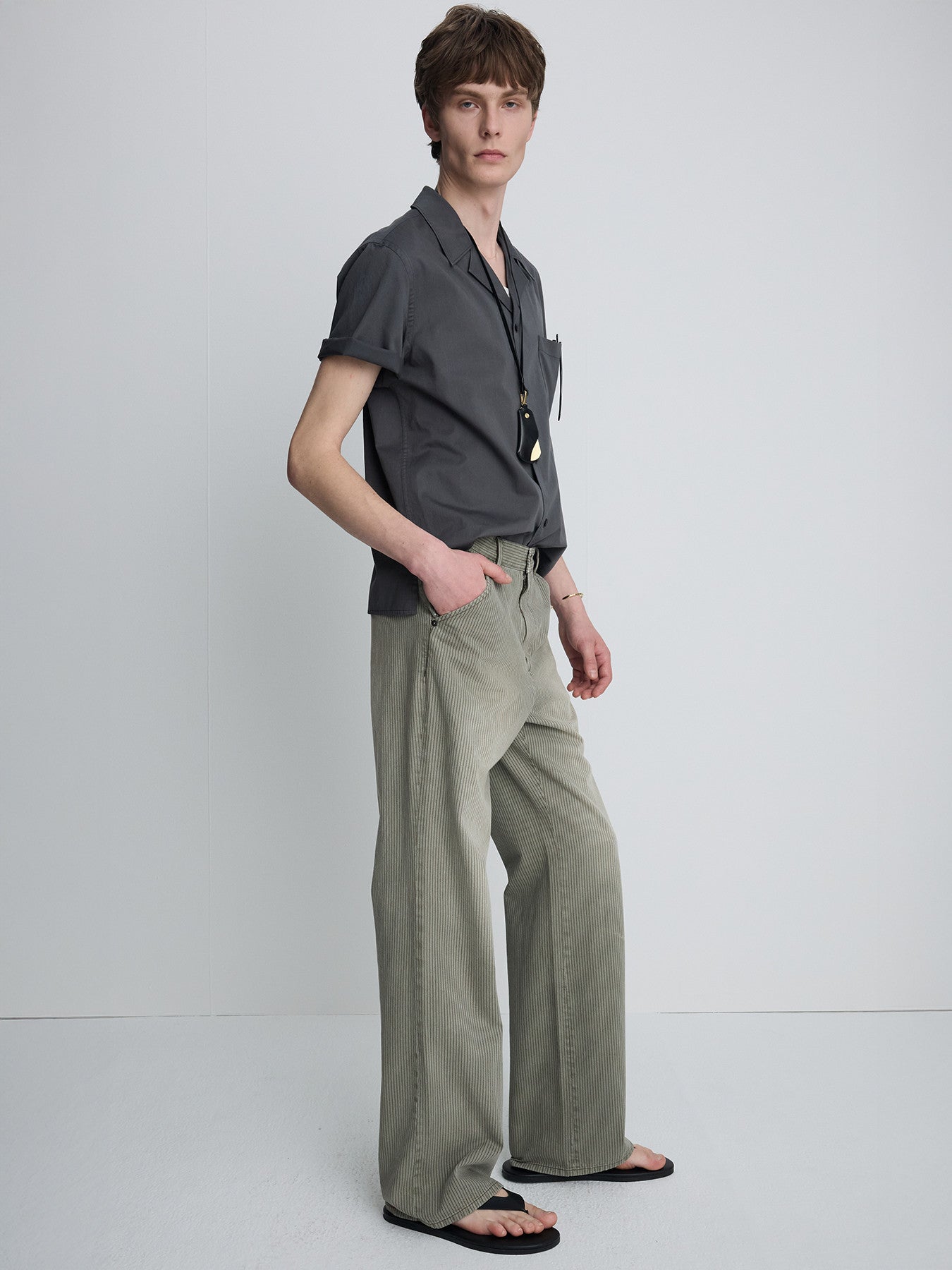 Tonywack - Garment Dyed Stripe Cotton Flare Pants (Stone Grey) product image 1 | TRAB K-Fashion Australia