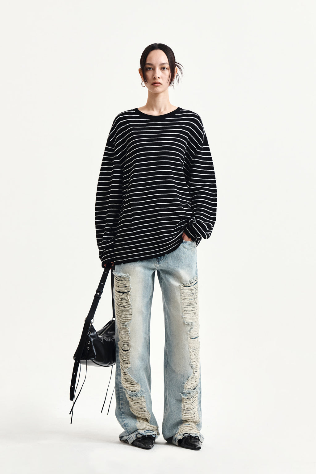 Matin Kim - Stripe Damaged Loose Pullover (Black) product image 9 | TRAB K-Fashion Australia