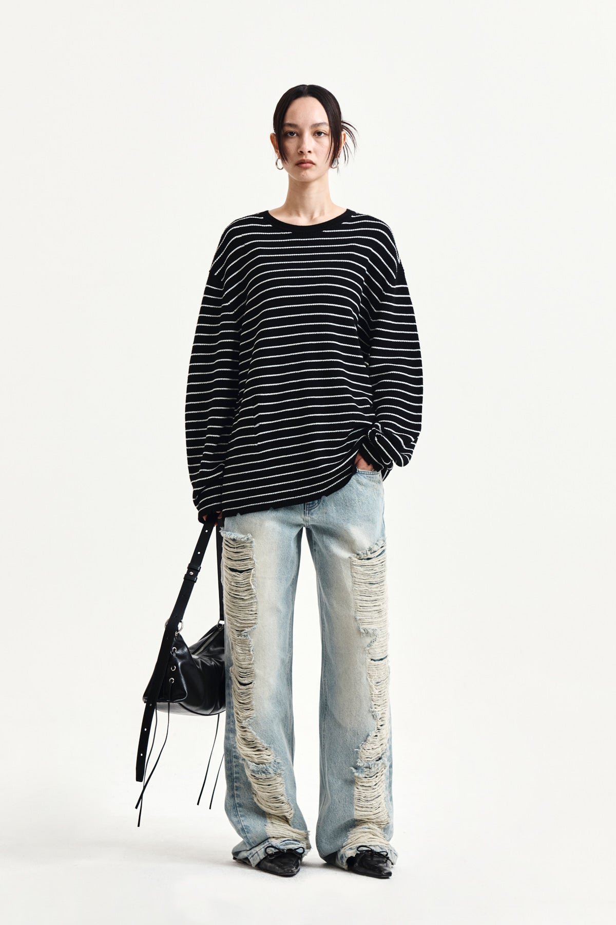 Matin Kim - Stripe Damaged Loose Pullover (Black) product image 9 | TRAB K-Fashion Australia