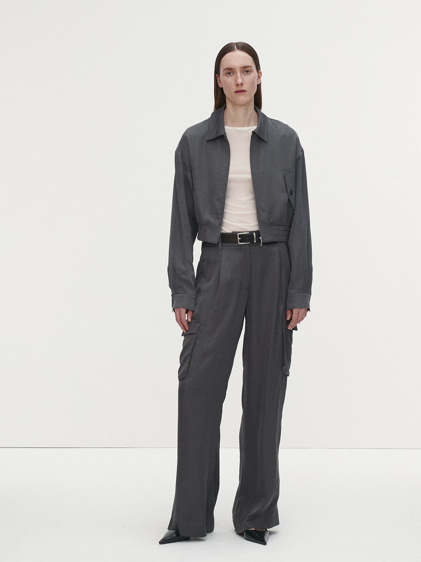 Tonywack - Satin Cropped Blouson Jacket (Carbon Grey) product image 2 | TRAB K-Fashion Australia