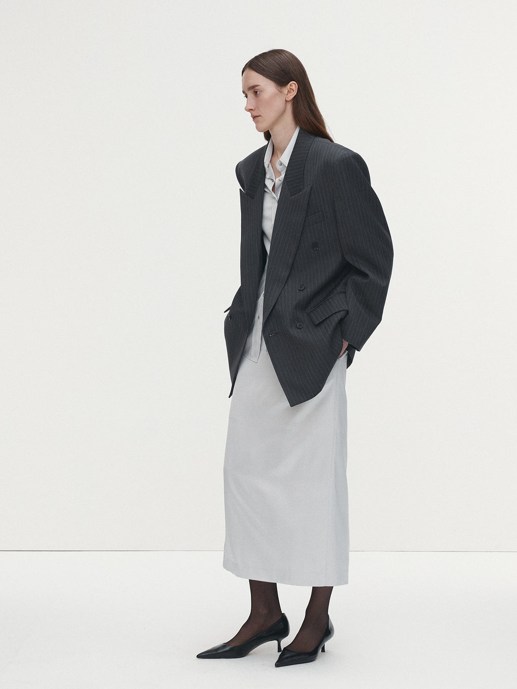 Tonywack - Striped Wool Oversized Double-Breasted Jacket (Grey Pinstripe) product image 2 | TRAB K-Fashion Australia