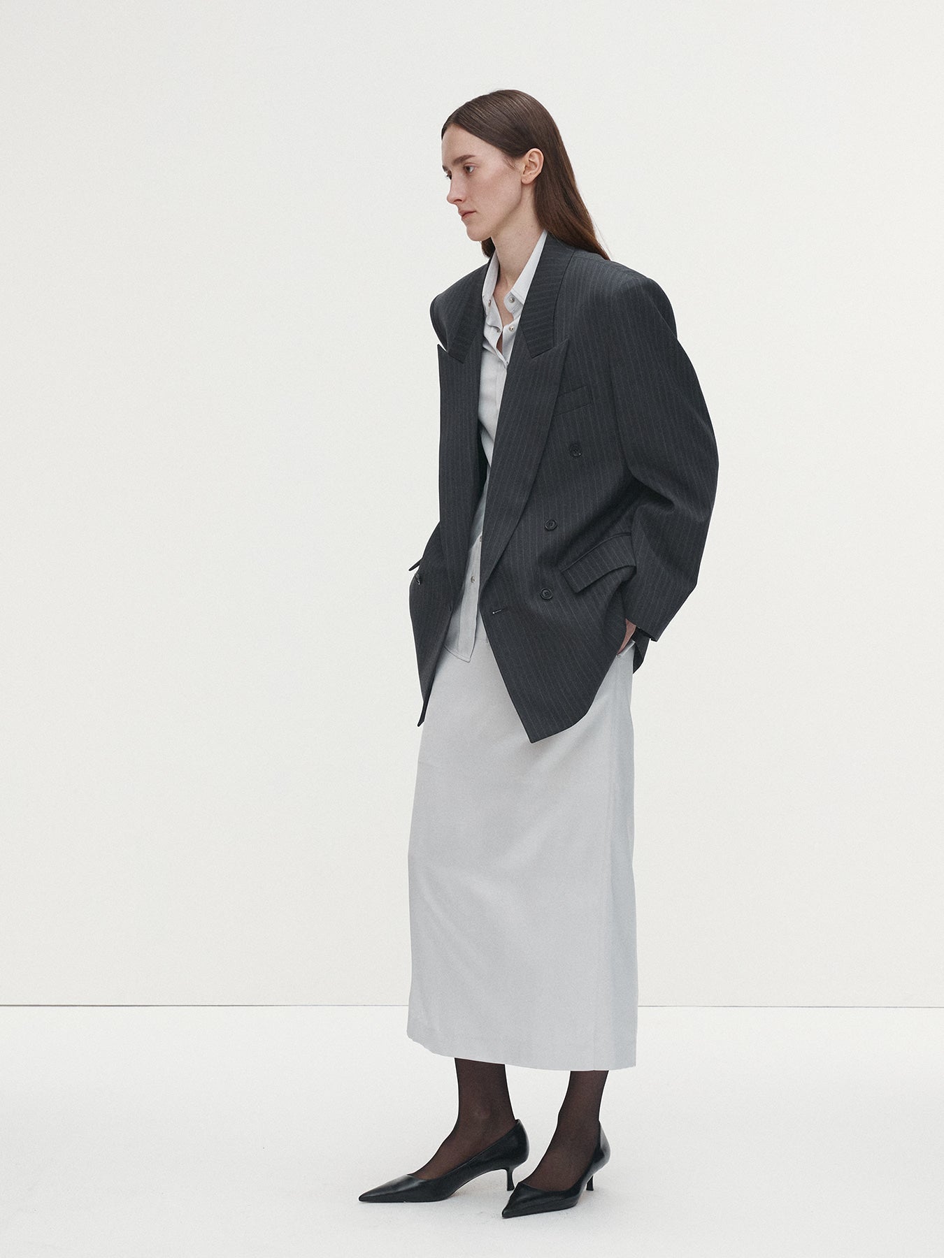 Tonywack - Striped Wool Oversized Double-Breasted Jacket (Grey Pinstripe) product image 2 | TRAB K-Fashion Australia