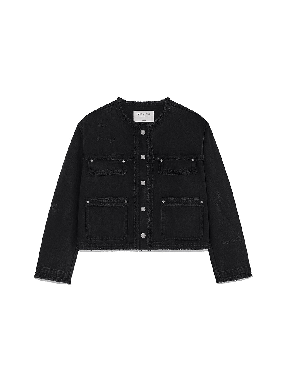 Matin Kim - Collarless Damage Denim Jacket (Black) product image 1 | TRAB K-Fashion Australia