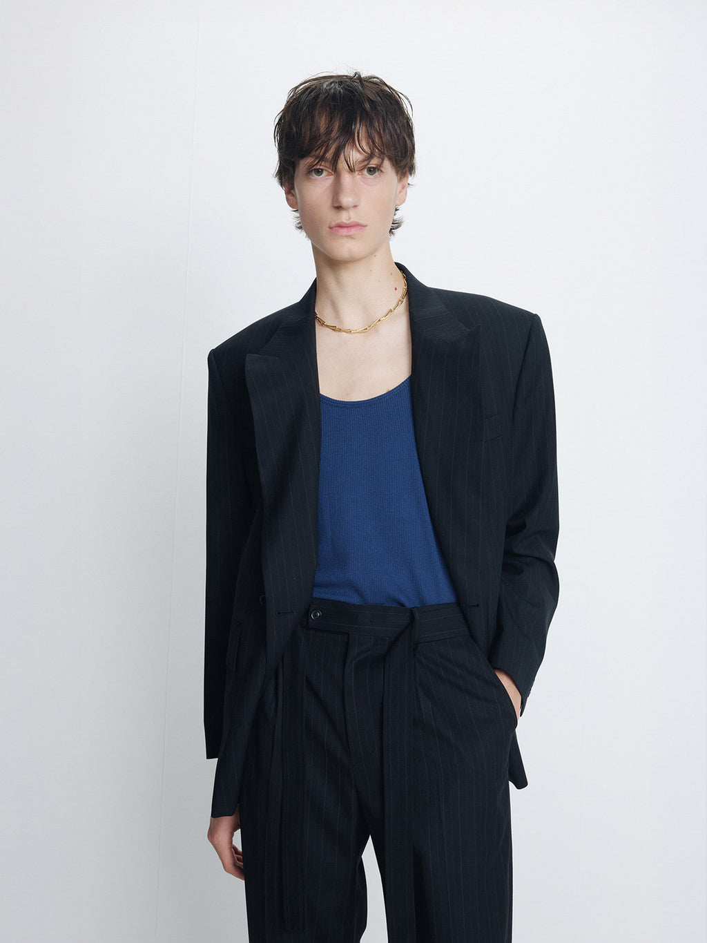Tonywack - Pinstriped Wool Tailored Wrap Blazer (Black Pinstripe) product image 1 | TRAB K-Fashion Australia