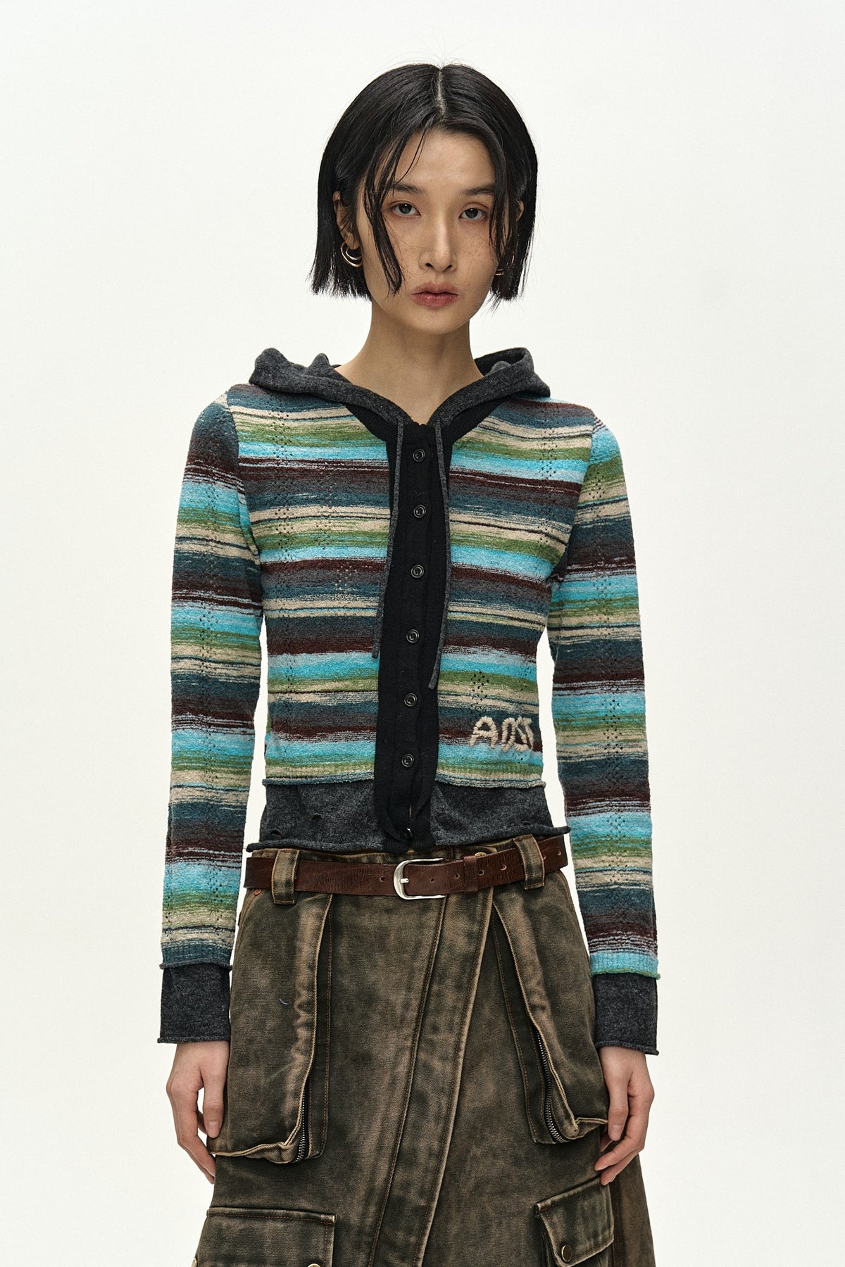 Andersson Bell - Layered Multi-Stripe Hooded Cardigan (Green/Blue) product image 1 | TRAB K-Fashion Australia