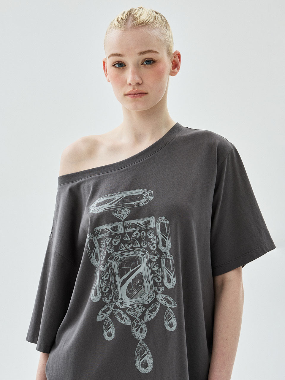 Mardi Mercredi - Oversized Tshirt Off Shoulder Bijou (Charcoal Grey) product image 1 | TRAB K-Fashion Australia