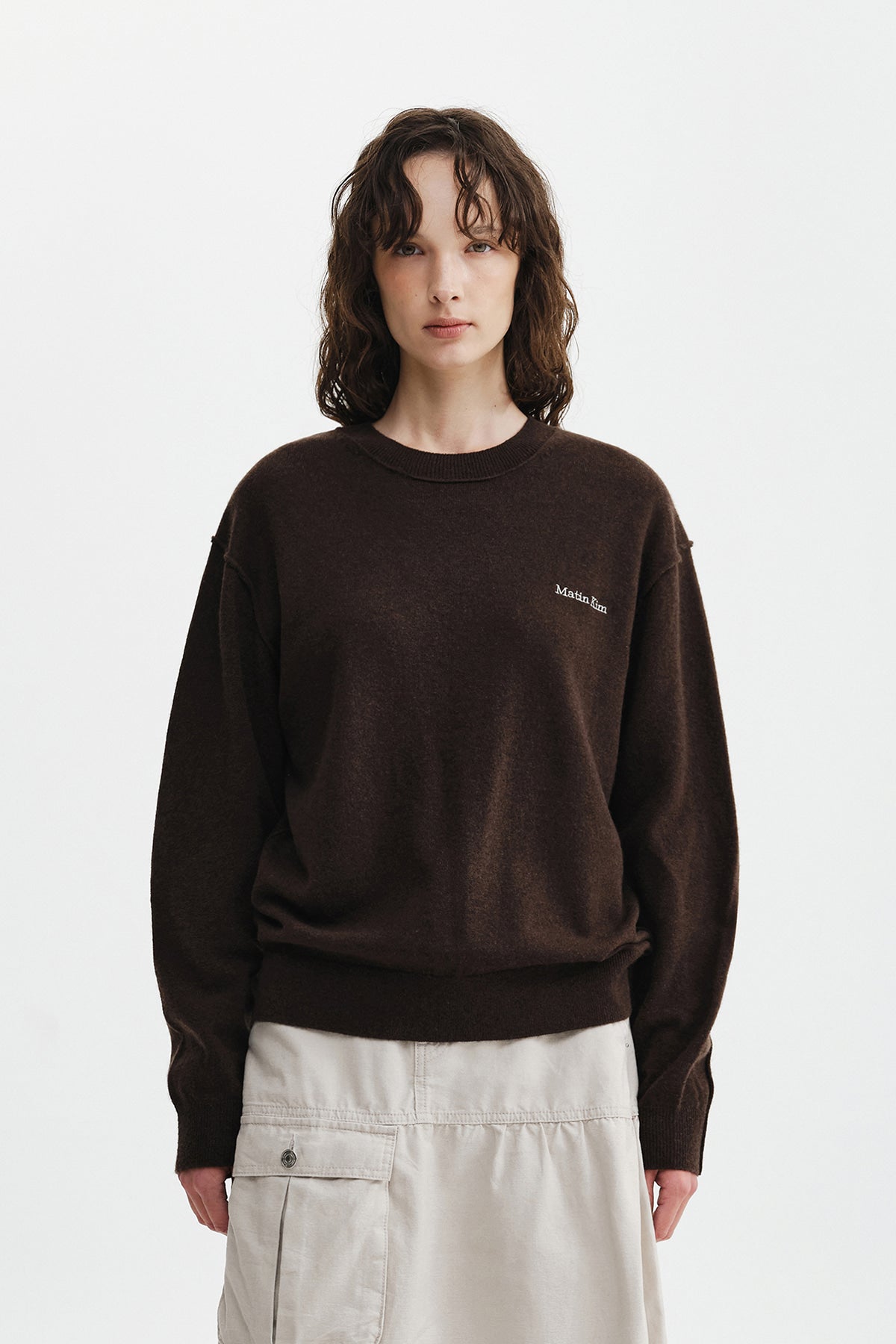 Matin Kim - [Pre-Order – Ships September 28] Cashmere Blended Panel Knit Pullover (Brown) product image 11 | TRAB K-Fashion Australia