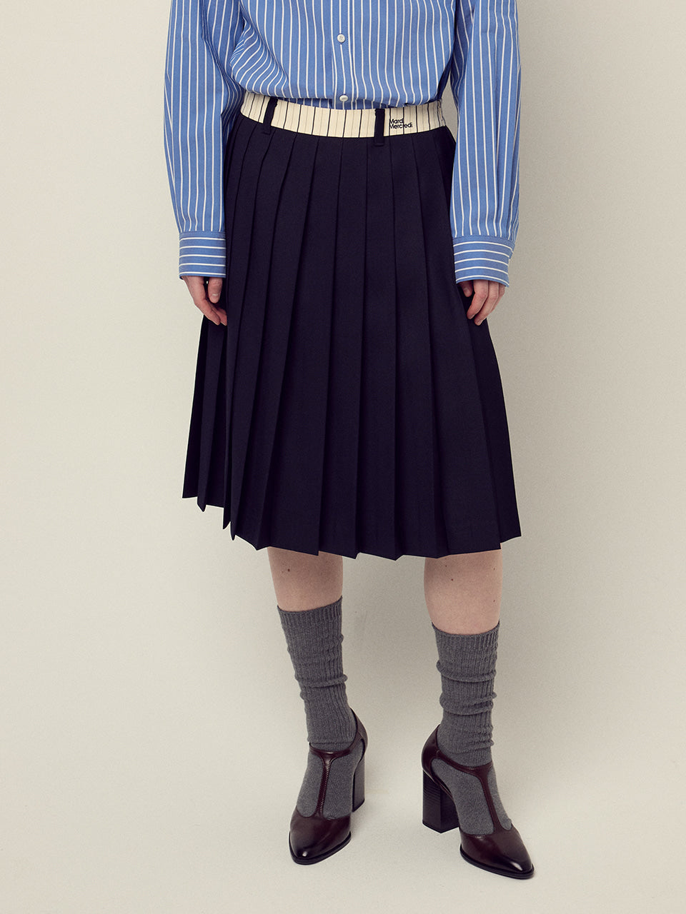 Mardi Mercredi - Wool Pleated Midi Skirt Contrast Waistband (Navy) product image 1 | TRAB K-Fashion Australia