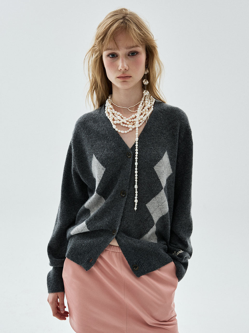 Mardi Mercredi - Cashmere Blend Cardigan V Neck Argyle Punching Detail (Charcoal) product image 1 | TRAB K-Fashion Australia