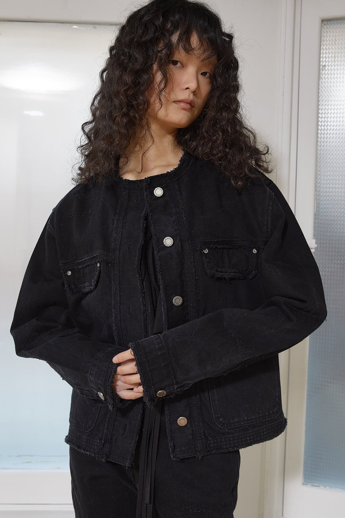 Matin Kim - Collarless Damage Denim Jacket (Black) product image 12 | TRAB K-Fashion Australia