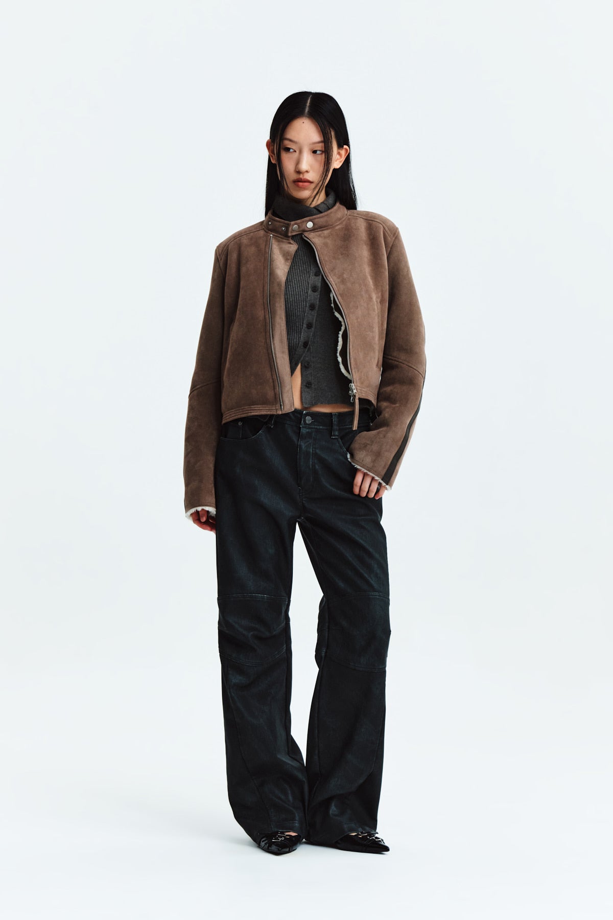 Matin Kim - Biker Detail Washed Leather Pants (Khaki) product image 9 | TRAB K-Fashion Australia
