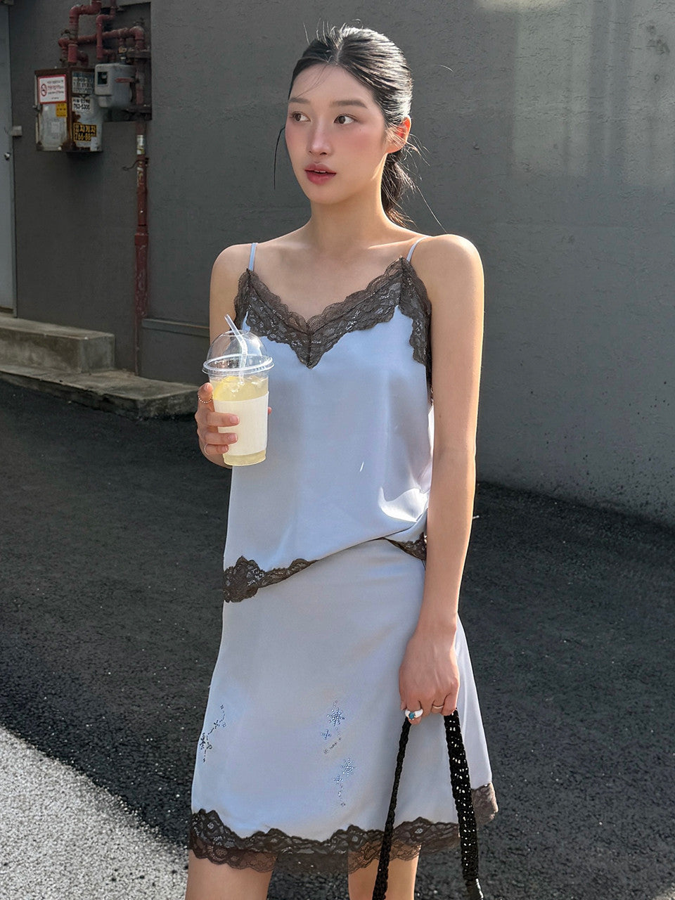 Margarin Fingers - Lace Satin Hotfix Skirt (Light Blue) product image 2 | TRAB K-Fashion Australia