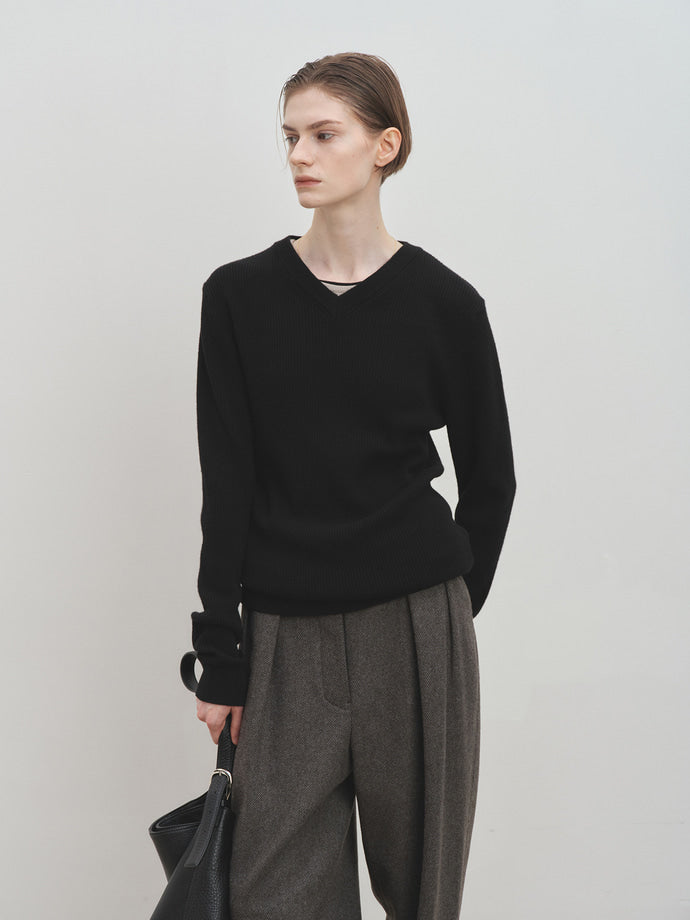 Tonywack - Super Fine Wool Ribbed V-Neck Sweater (Black) product image 3 | TRAB K-Fashion Australia
