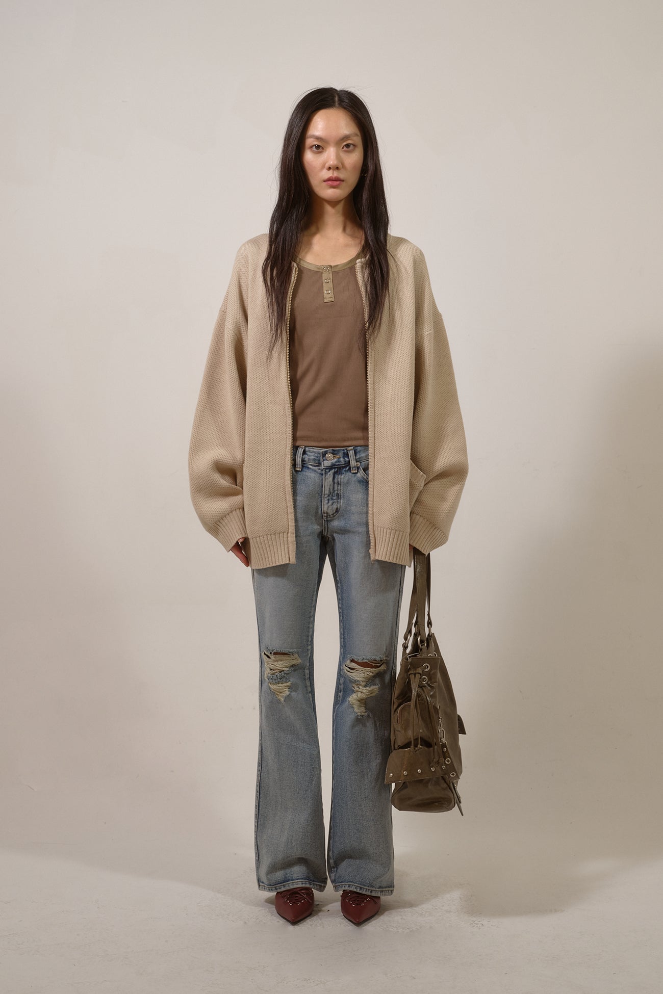Deinet - D Jacquard Long Knit Zip-Up (Beige) product image 1 | TRAB K-Fashion Australia