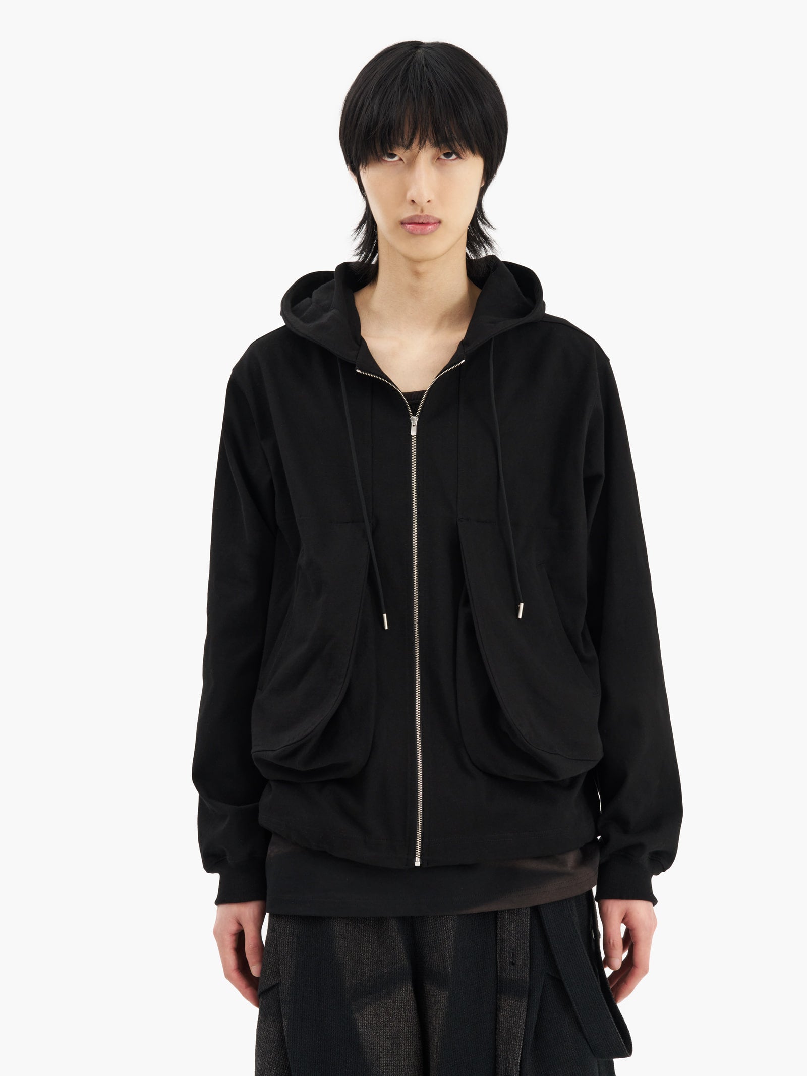 Jiyong Kim - Draped Pocket Zip-Up Hoodie (Black) product image 2 | TRAB K-Fashion Australia