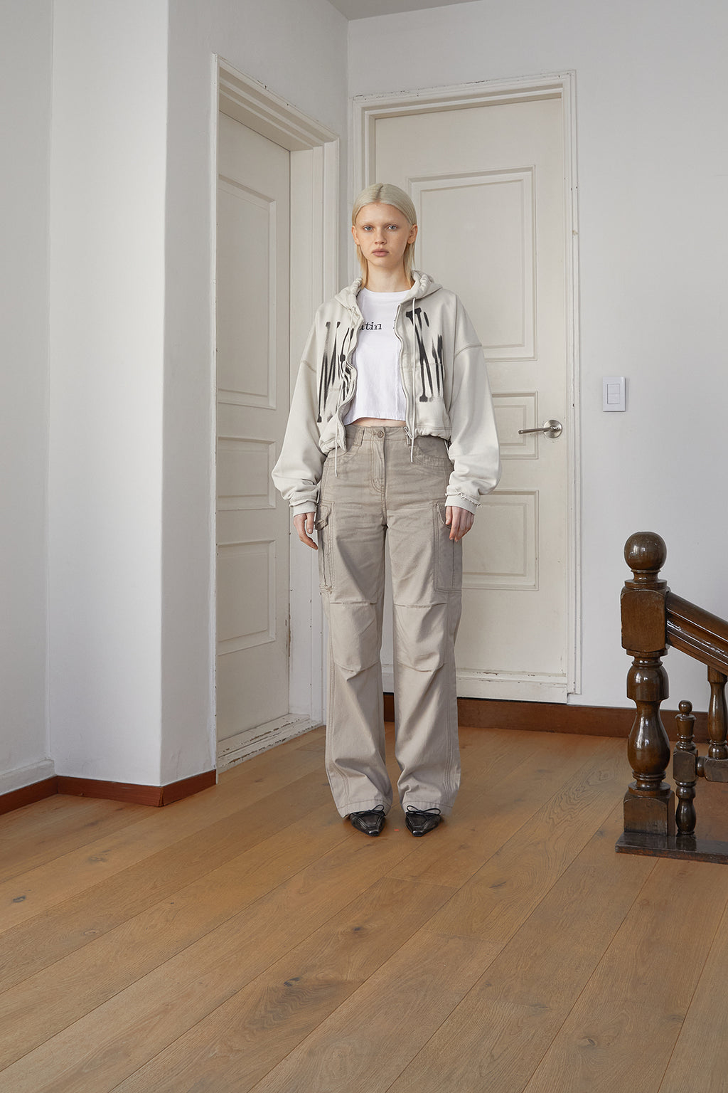 Matin Kim - Big Logo Crop Hoody Zip Up (Beige) product image 15 | TRAB K-Fashion Australia