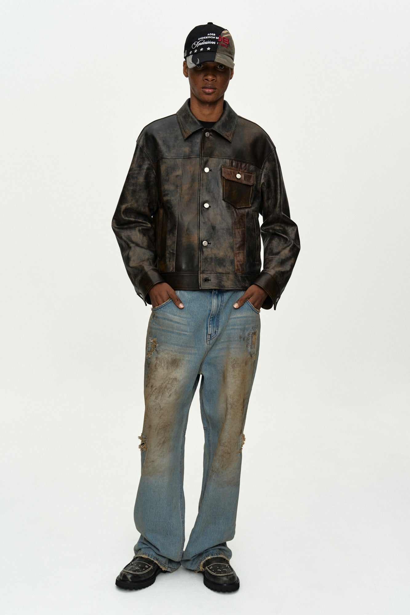 Andersson Bell - Leather Patchwork Trucker Jacket (Brown) product image 1 | TRAB K-Fashion Australia