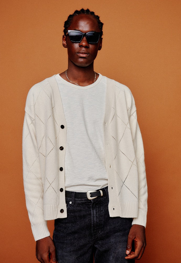 Tonywack - Slashed Argyle Cashmere Cardigan (Ecru) product image 1 | TRAB K-Fashion Australia
