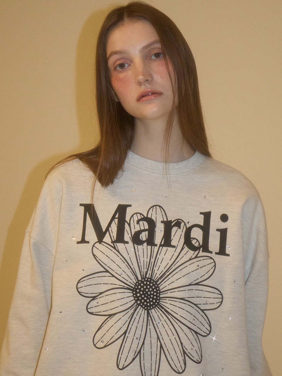 Mardi Mercredi - Sweatshirt Flowermardi Stone Embellished (Oatmeal Black) product image 1 | TRAB K-Fashion Australia