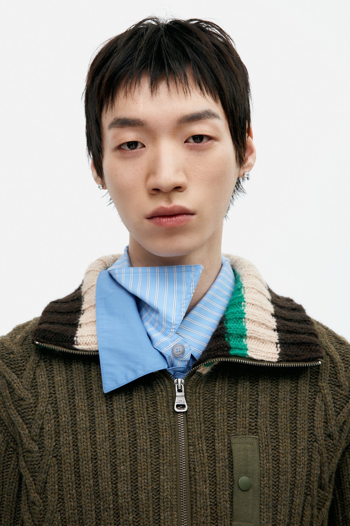 Andersson Bell - Stripe High-Neck Zip-Up Sweater (Khaki) product image 4 | TRAB K-Fashion Australia