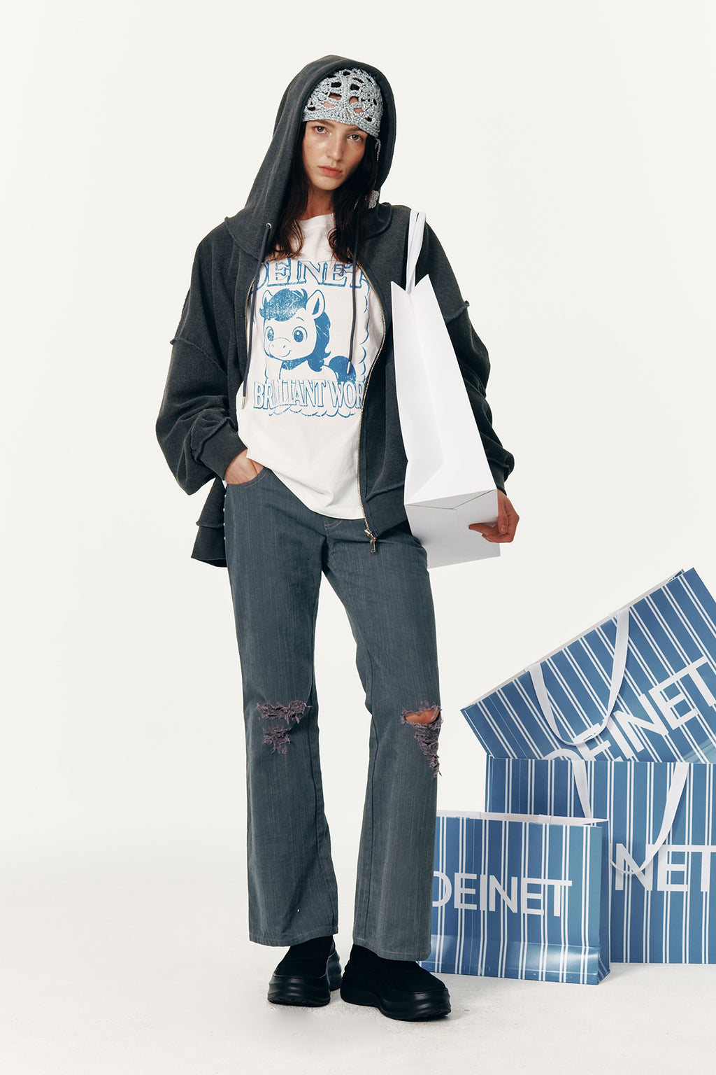Deinet - Stud Line Damege Boots Cut Denim (Grey) product image 2 | TRAB K-Fashion Australia