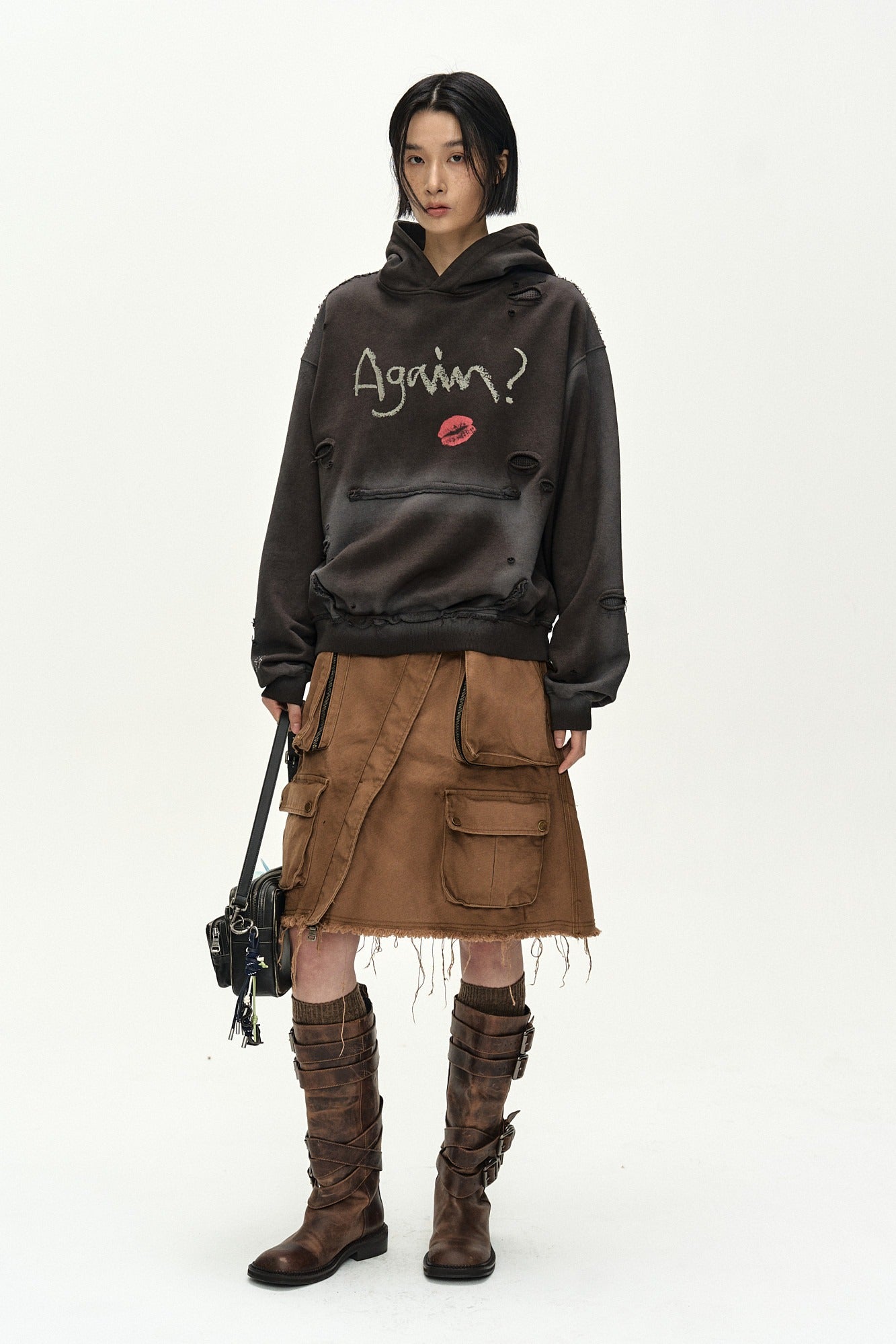 Andersson Bell - (essential) Unisex Spray Washed Again Lip Hoodie (brown) (Brown) product image 1 | TRAB K-Fashion Australia