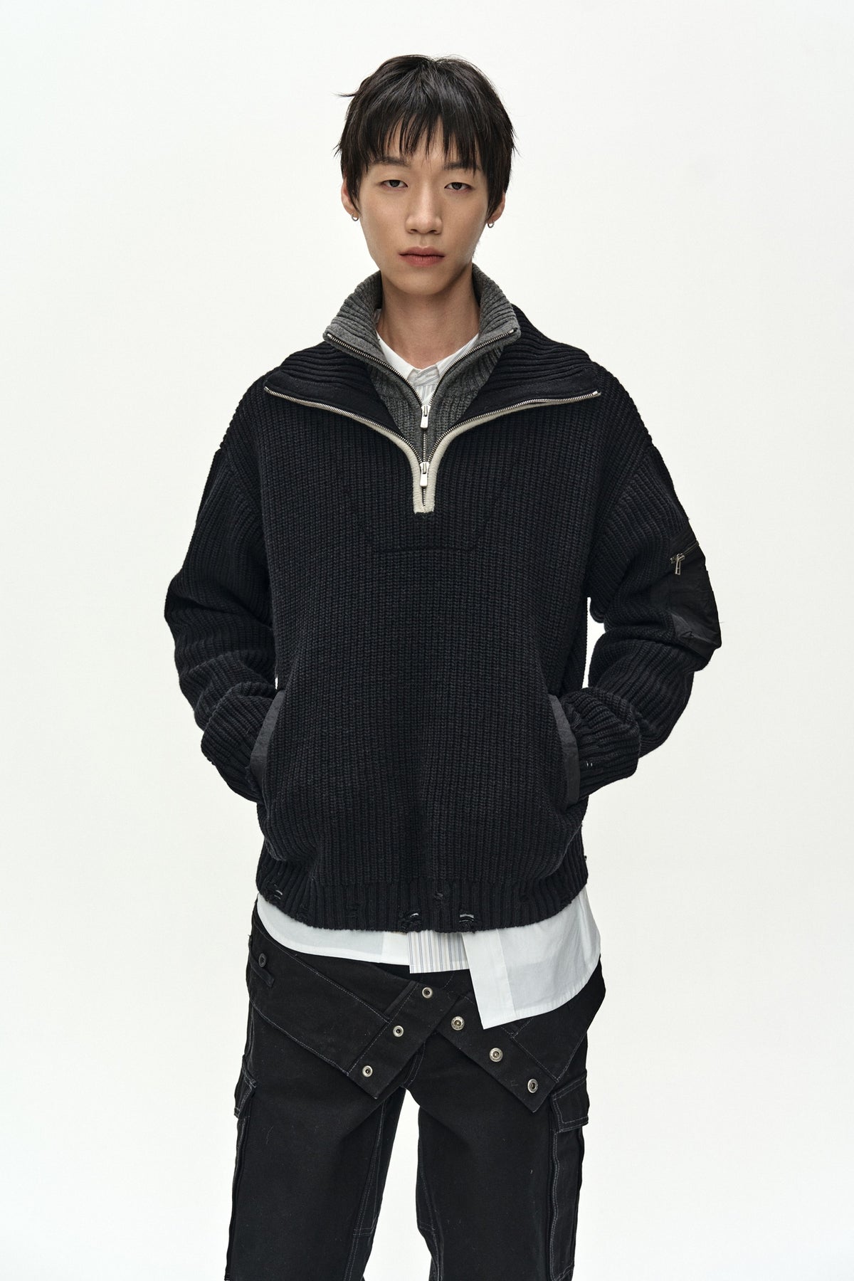 Andersson Bell - Double Layered Quarter Zip-Up Sweater (Black/Grey) product image 4 | TRAB K-Fashion Australia