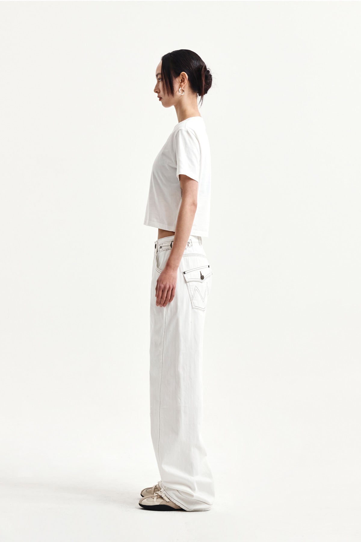 Matin Kim - Waist Buckle Stitch Point Twill Denim Pants (Ivory) product image 7 | TRAB K-Fashion Australia