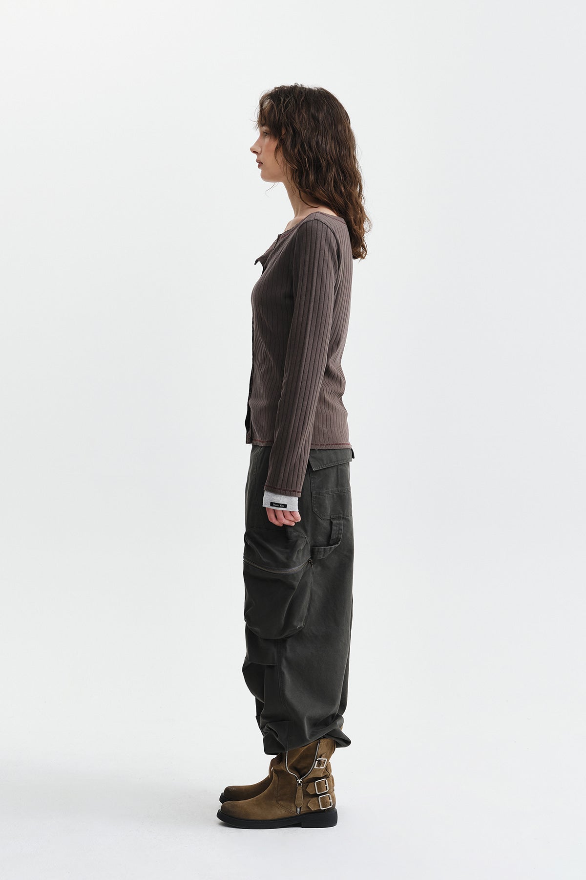 Matin Kim - Vintage Washed Ribbed Snap Top (Brown) product image 7 | TRAB K-Fashion Australia