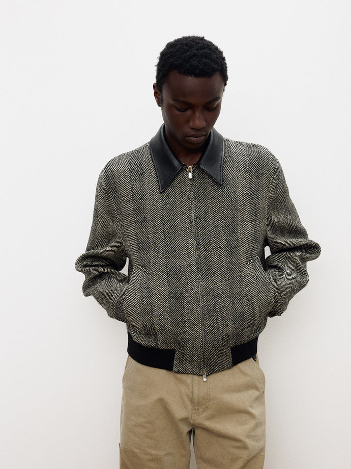 Tonywack - Leather Trim Wool Herringbone Blouson (Black Ecru Herringbone) product image 4 | TRAB K-Fashion Australia