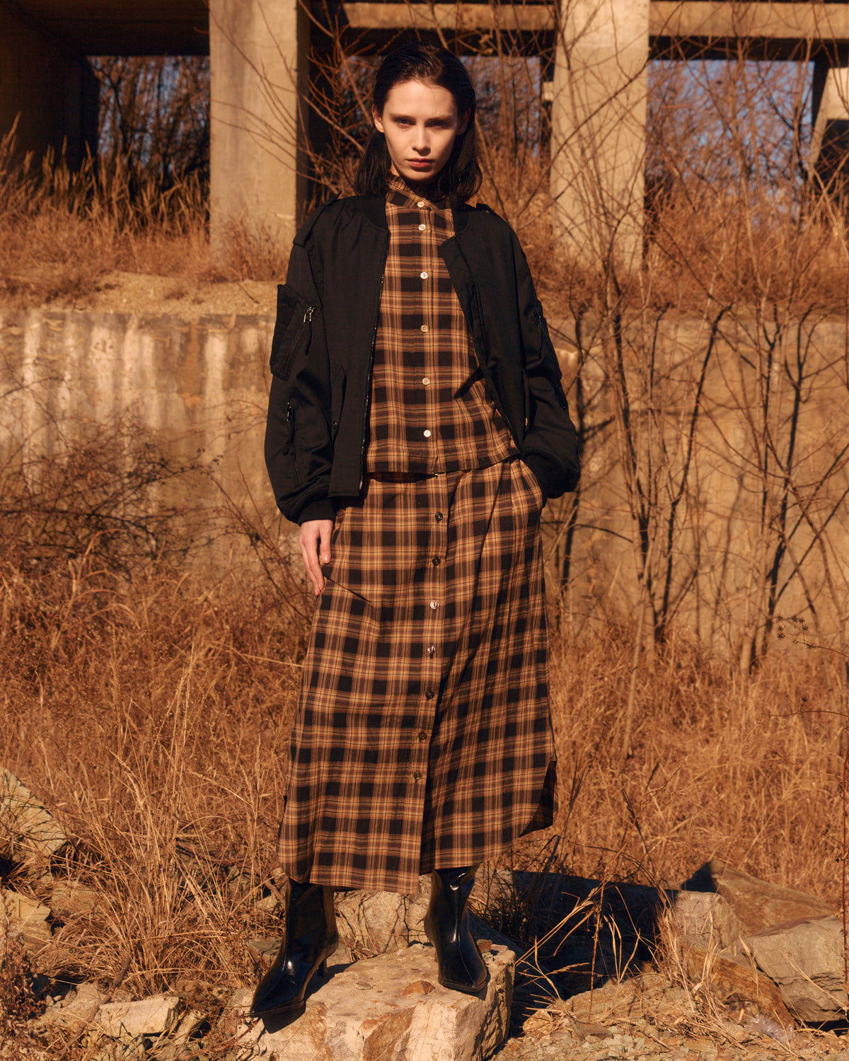 Eastlogue - Low Tide Wanderer Skirt (Orange & Charcoal Check) product image 1 | TRAB K-Fashion Australia