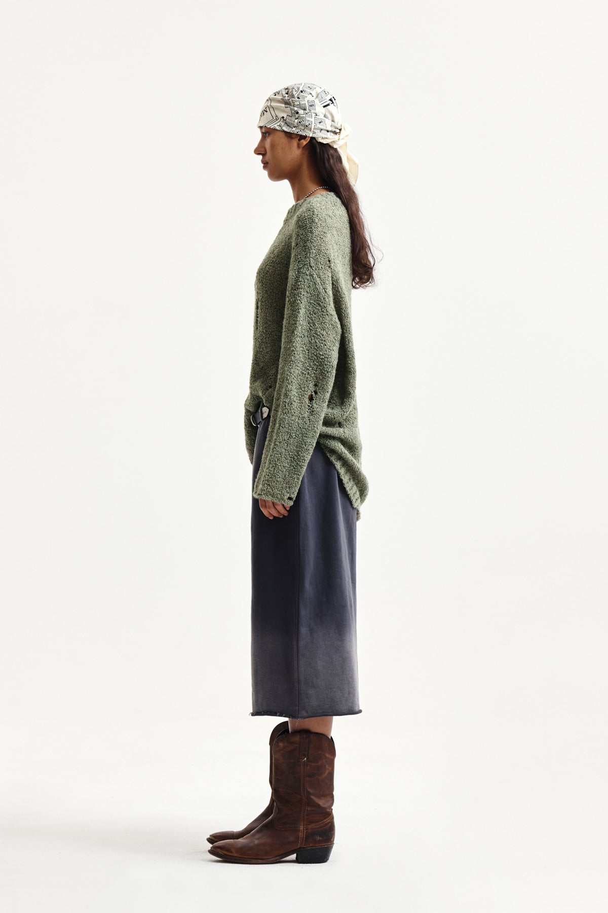 Matin Kim - Asymmetric Damaged Knit Pullover (Khaki) product image 6 | TRAB K-Fashion Australia