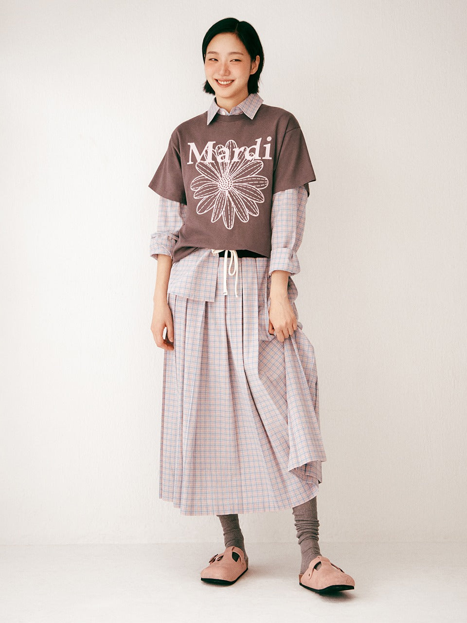 Mardi Mercredi - Cotton Pleated Maxi Skirt Check (Pink) product image 1 | TRAB K-Fashion Australia