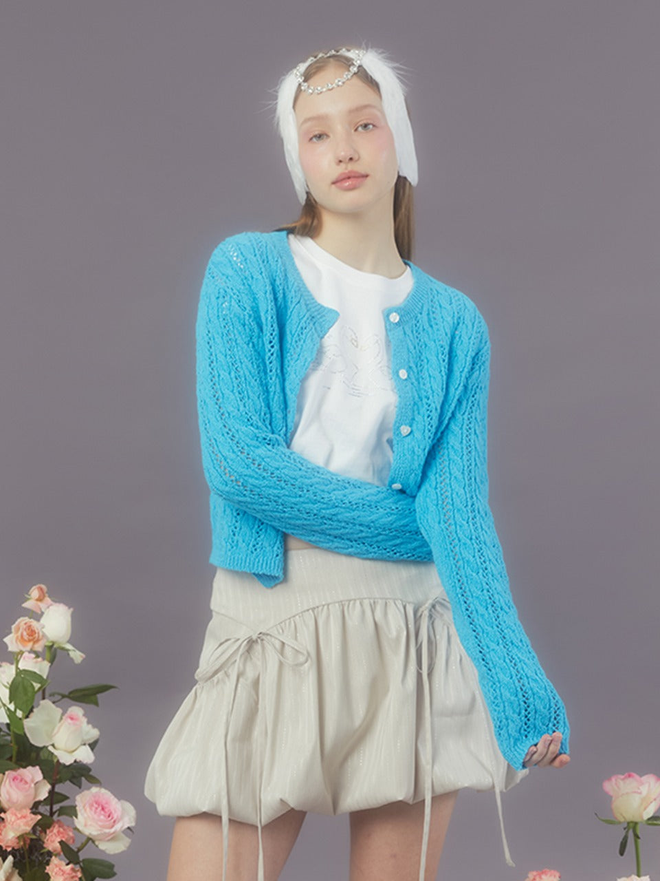 Margarin Fingers - Heart Button Cable Cardigan (Aqua Blue) product image 1 | TRAB K-Fashion Australia