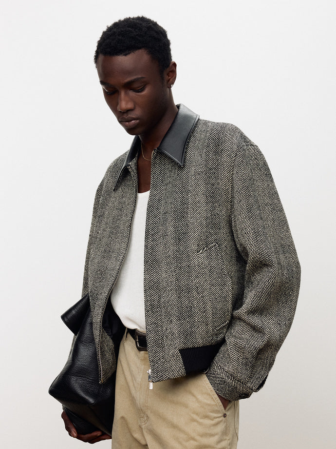 Tonywack - Leather Trim Wool Herringbone Blouson (Black Ecru Herringbone) product image 1 | TRAB K-Fashion Australia