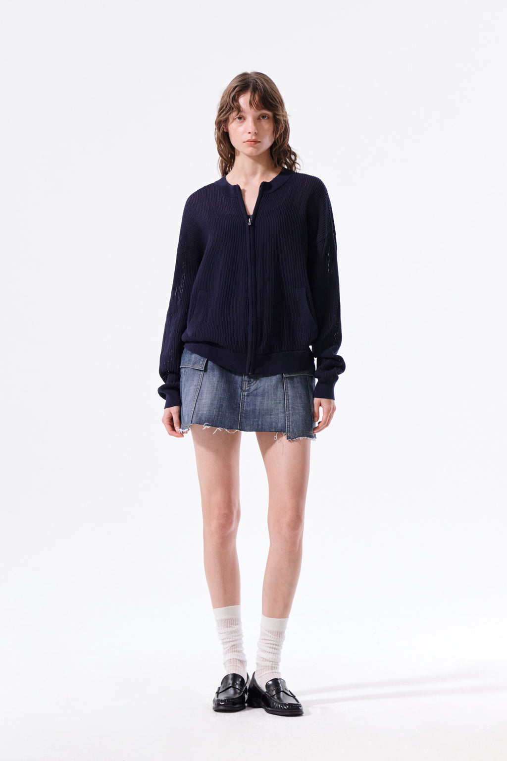 Matin Kim - Back Logo Jacquard Mesh Knit Zip Up (Navy) product image 10 | TRAB K-Fashion Australia