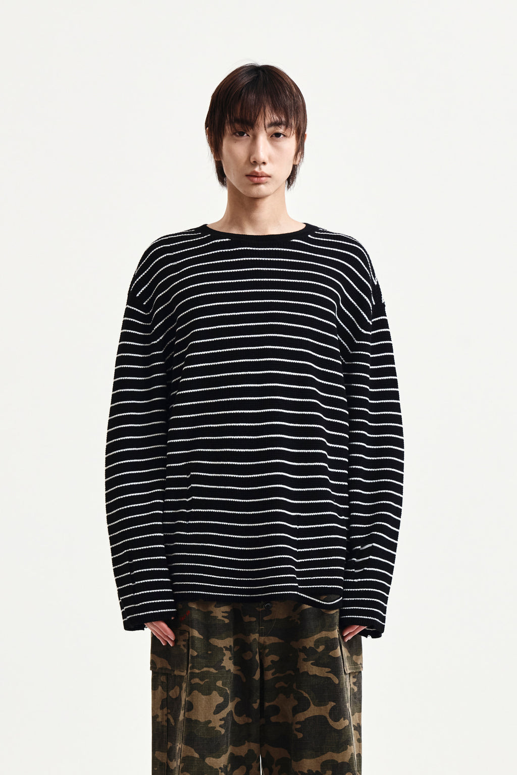 Matin Kim - Stripe Damaged Loose Pullover (Black) product image 10 | TRAB K-Fashion Australia