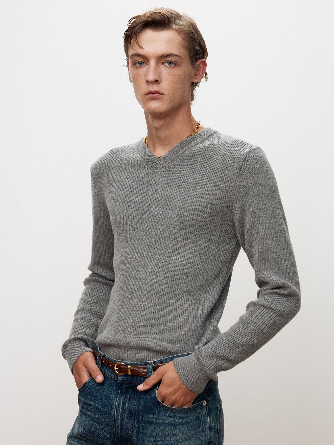Tonywack - Super Fine Wool Ribbed V-Neck Sweater (Melange Grey) product image 7 | TRAB K-Fashion Australia