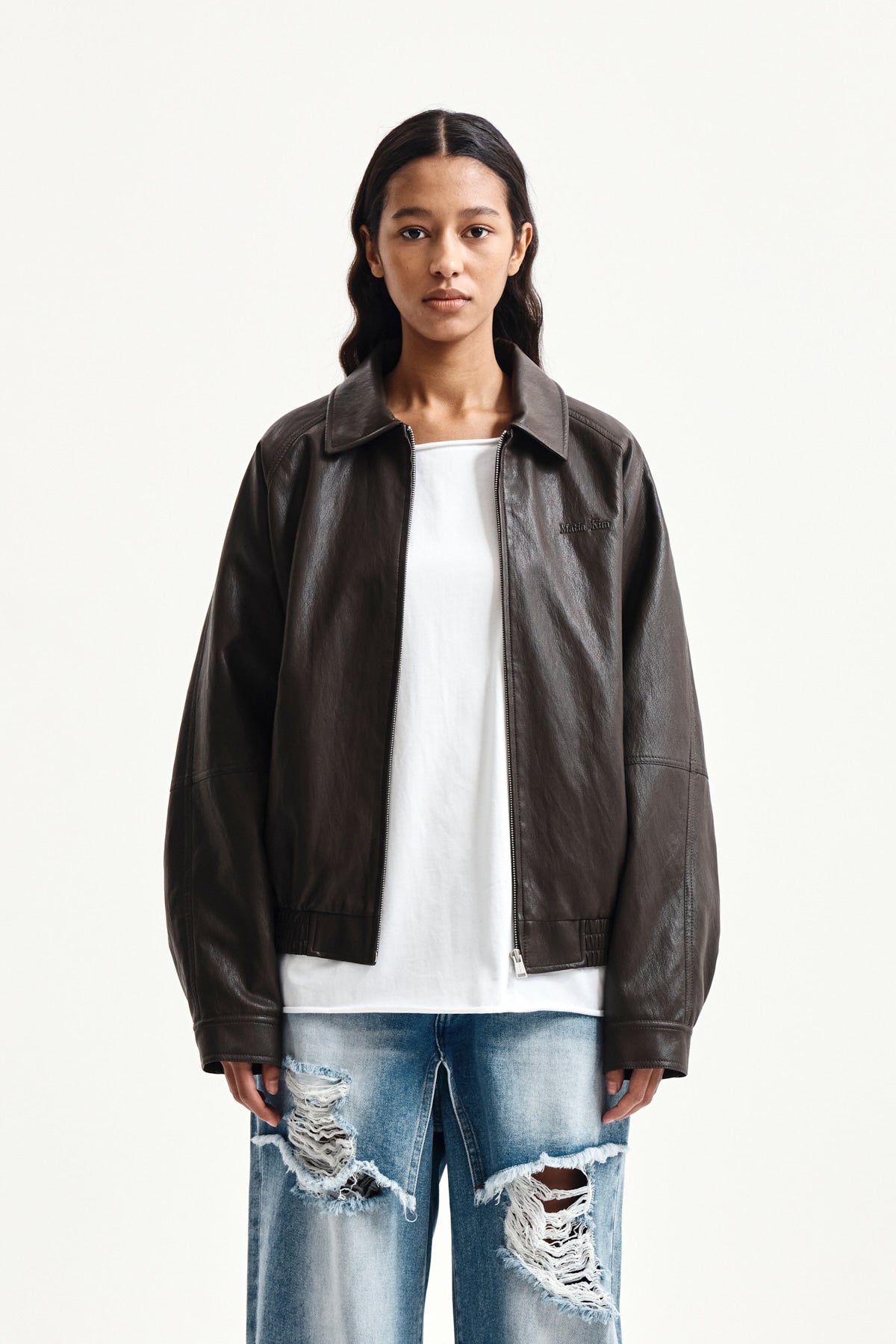 Matin Kim - Small Logo Faux Leather Zip Up Jumper (Brown) product image 6 | TRAB K-Fashion Australia