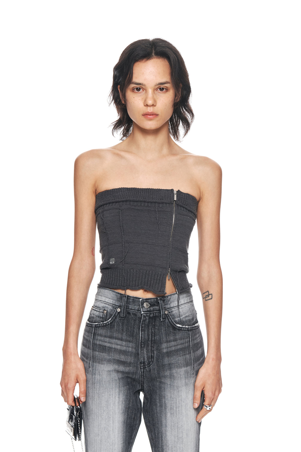 Matin Kim - Natural Damage Zip Up Tube Top (Charcoal) product image 10 | TRAB K-Fashion Australia