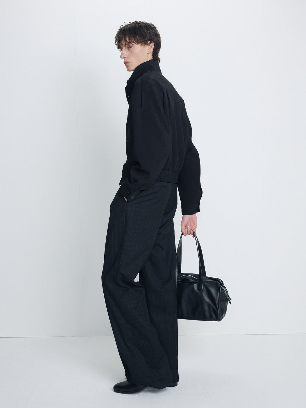 Tonywack - Pinstriped Wool Belted Trousers (Black Pinstripe) product image 5 | TRAB K-Fashion Australia